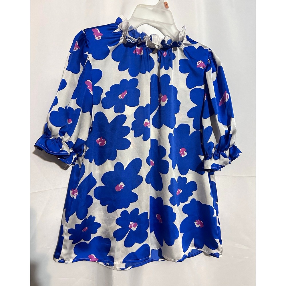 Entro Blue White Pink Floral Ruffle Round Neck Puff Short Sleeve Blouse M